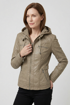 Women's Hooded Faux Leather Jacket with Zip Front and Pockets