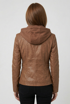 Women's Hooded Faux Leather Jacket with Zip Front and Pockets