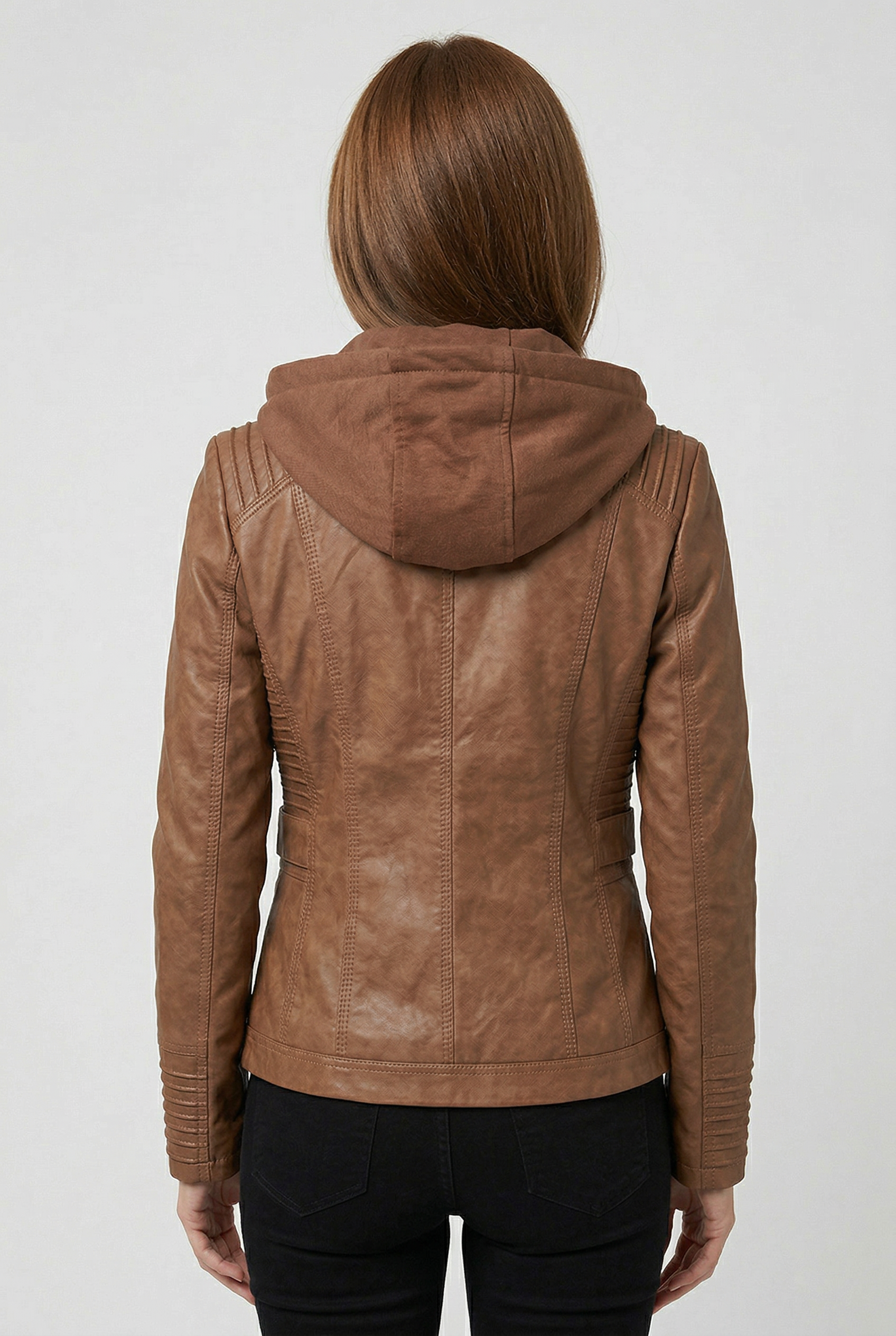 Women's Hooded Faux Leather Jacket with Zip Front and Pockets
