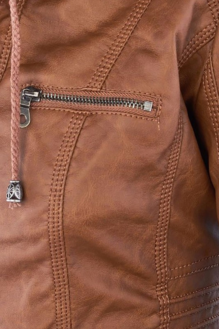 Women's Hooded Faux Leather Jacket with Zip Front and Pockets