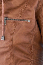 Women's Hooded Faux Leather Jacket with Zip Front and Pockets