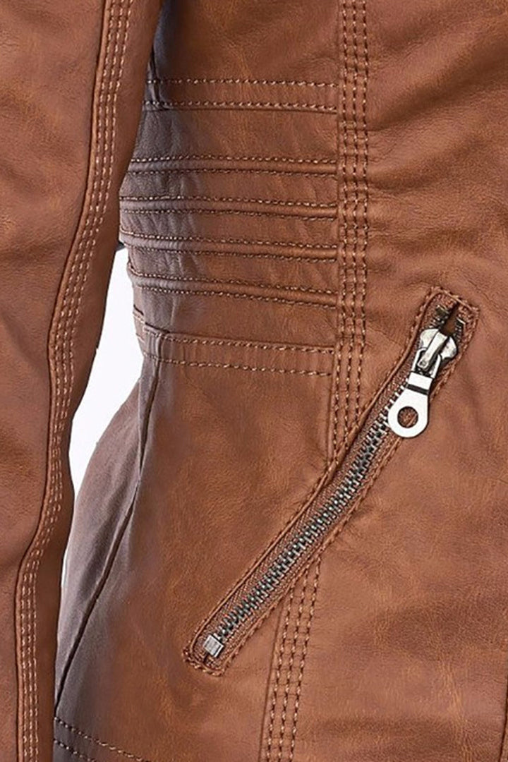 Women's Hooded Faux Leather Jacket with Zip Front and Pockets