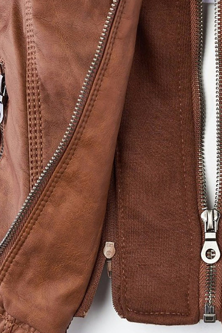 Women's Hooded Faux Leather Jacket with Zip Front and Pockets