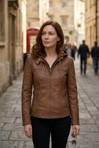 Women's Hooded Faux Leather Jacket with Zip Front and Pockets
