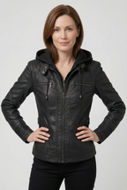 Women's Hooded Faux Leather Jacket with Zip Front and Pockets