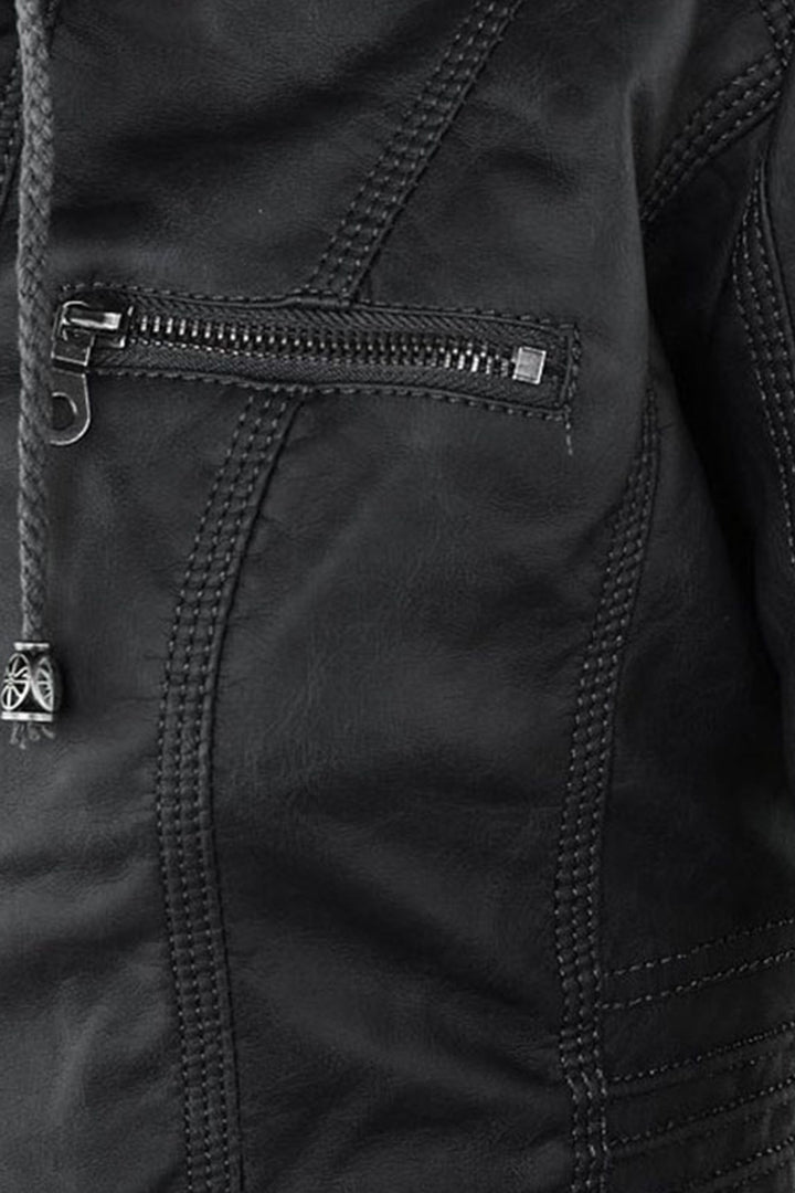 Women's Hooded Faux Leather Jacket with Zip Front and Pockets