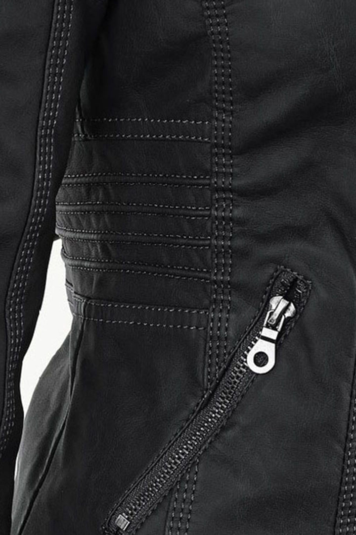 Women's Hooded Faux Leather Jacket with Zip Front and Pockets