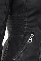 Women's Hooded Faux Leather Jacket with Zip Front and Pockets