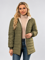 Women's Hooded Longline Quilted Padded Jacket in Army Green — studio image 1