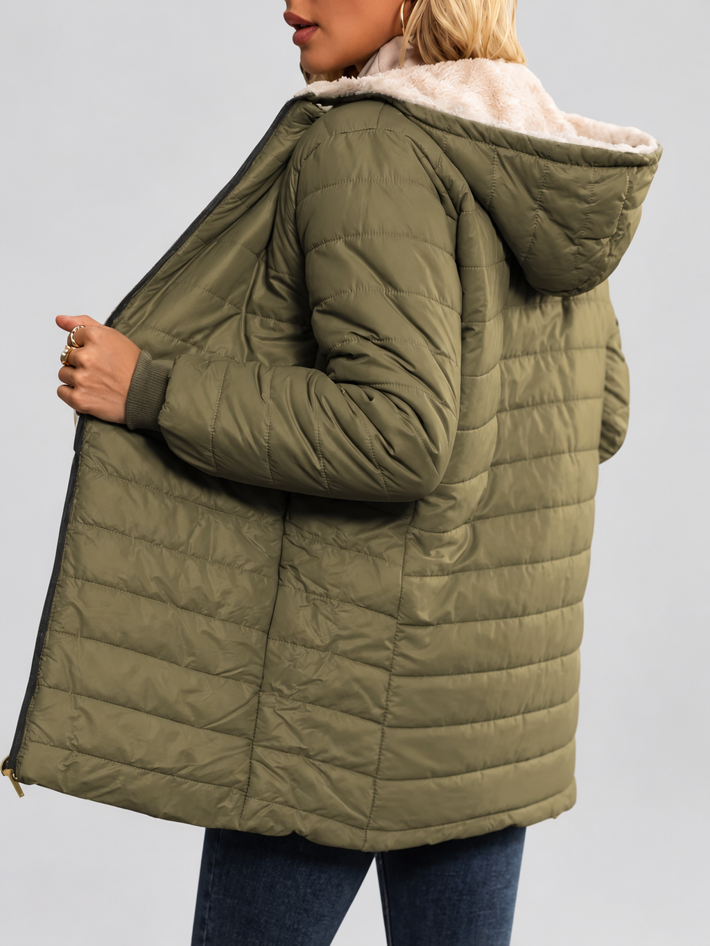 Women's Hooded Longline Quilted Padded Jacket in Army Green — studio image 2
