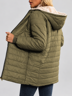 Women's Hooded Longline Quilted Padded Jacket in Army Green — studio image 2