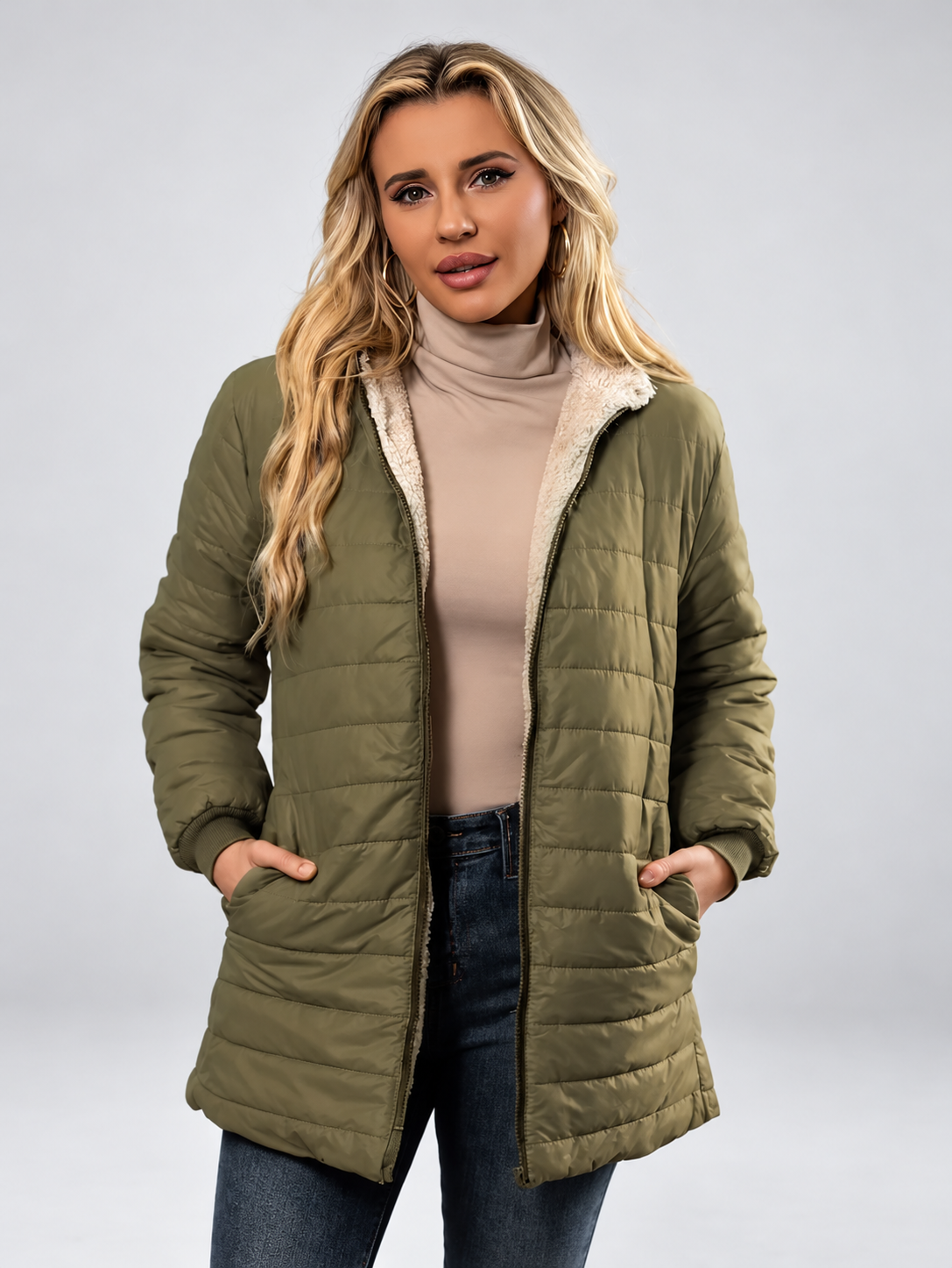 Women's Hooded Longline Quilted Padded Jacket in Army Green — studio image 3