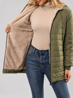 Women's Hooded Longline Quilted Padded Jacket in Army Green — studio image 6