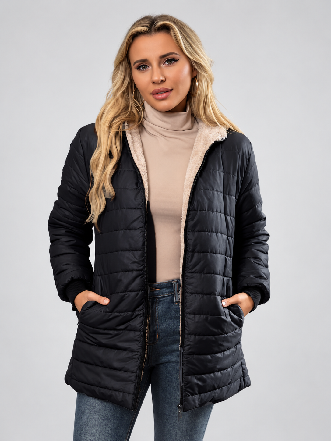 Women's Hooded Longline Quilted Padded Jacket in Black — studio image 4