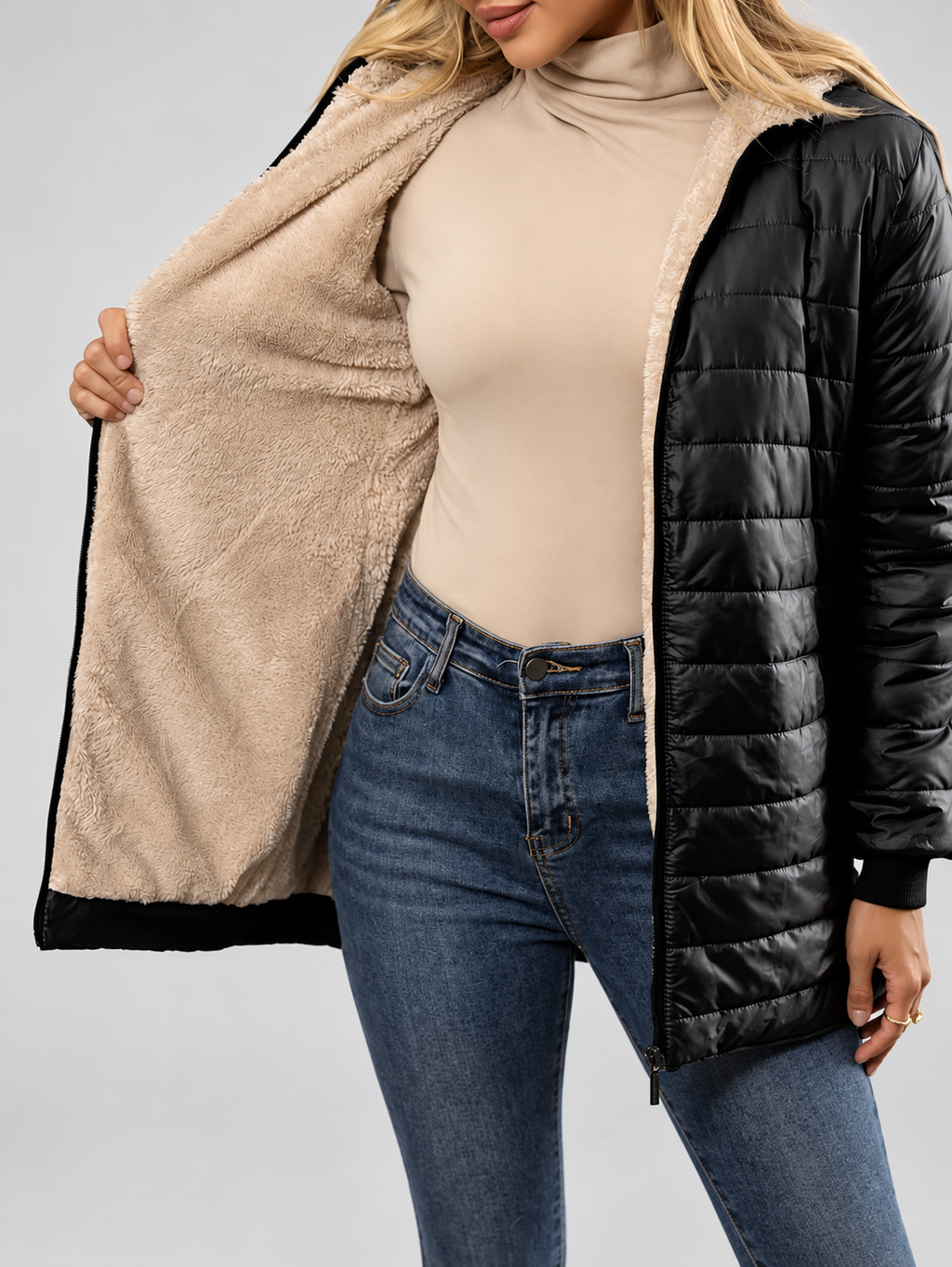 Women's Hooded Longline Quilted Padded Jacket in Black — studio image 6