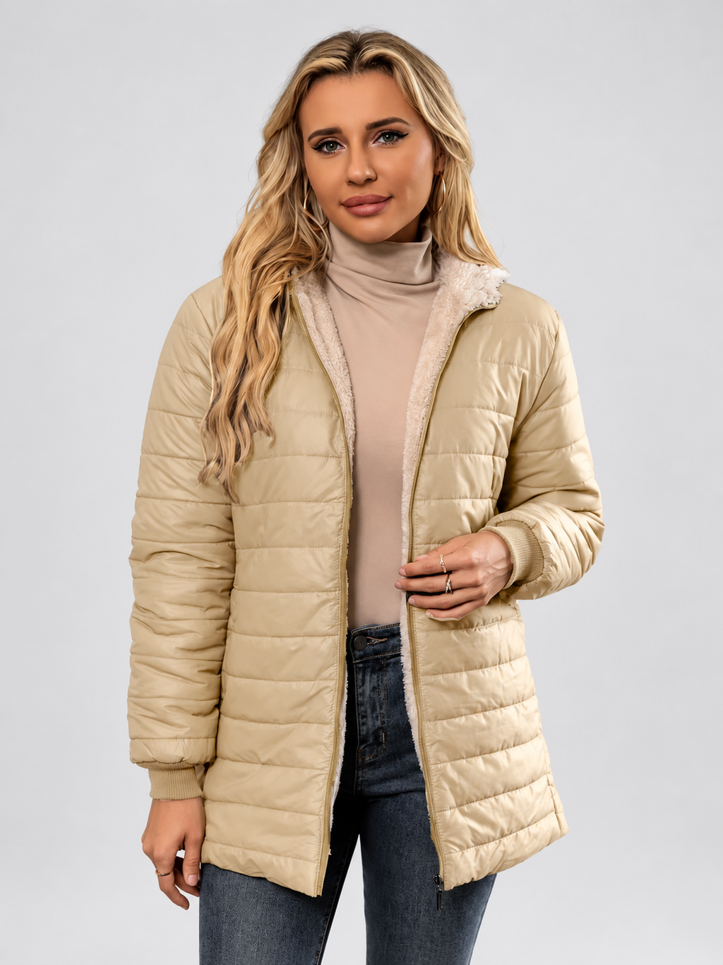 Women's Hooded Longline Quilted Padded Jacket in Khaki — studio image 1
