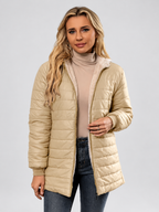 Women's Hooded Longline Quilted Padded Jacket in Khaki — studio image 1