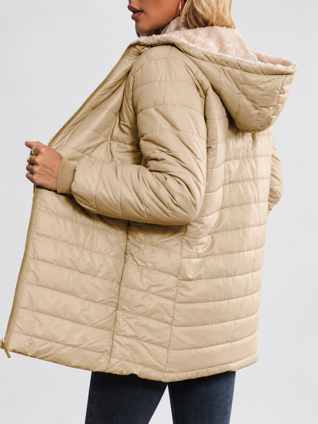Women's Hooded Longline Quilted Padded Jacket in Khaki — studio image 2