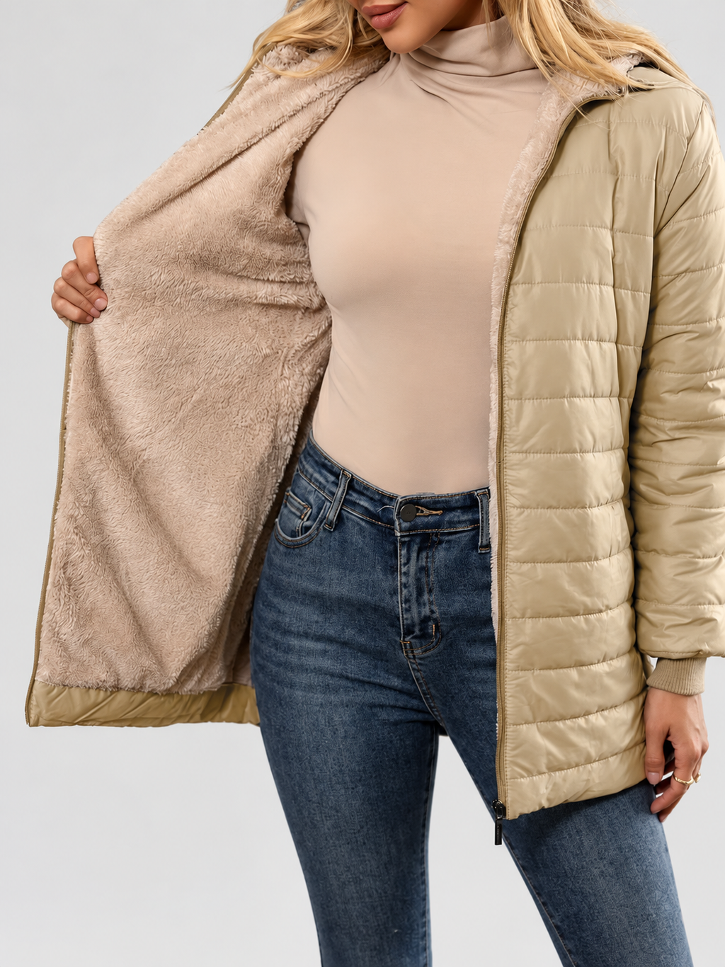 Women's Hooded Longline Quilted Padded Jacket in Khaki — studio image 5