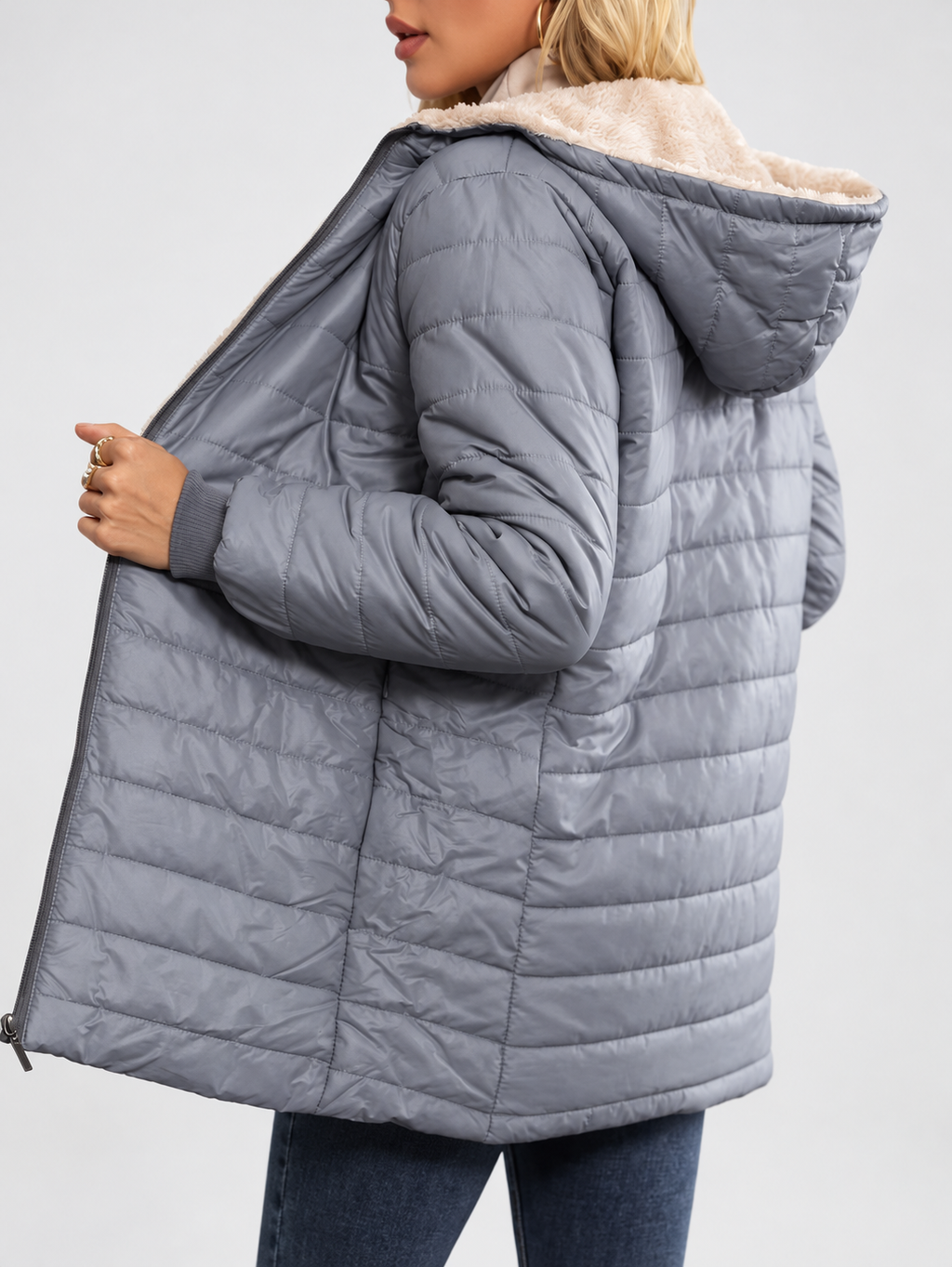 Women's Hooded Longline Quilted Padded Jacket in Light Grey — studio image 2