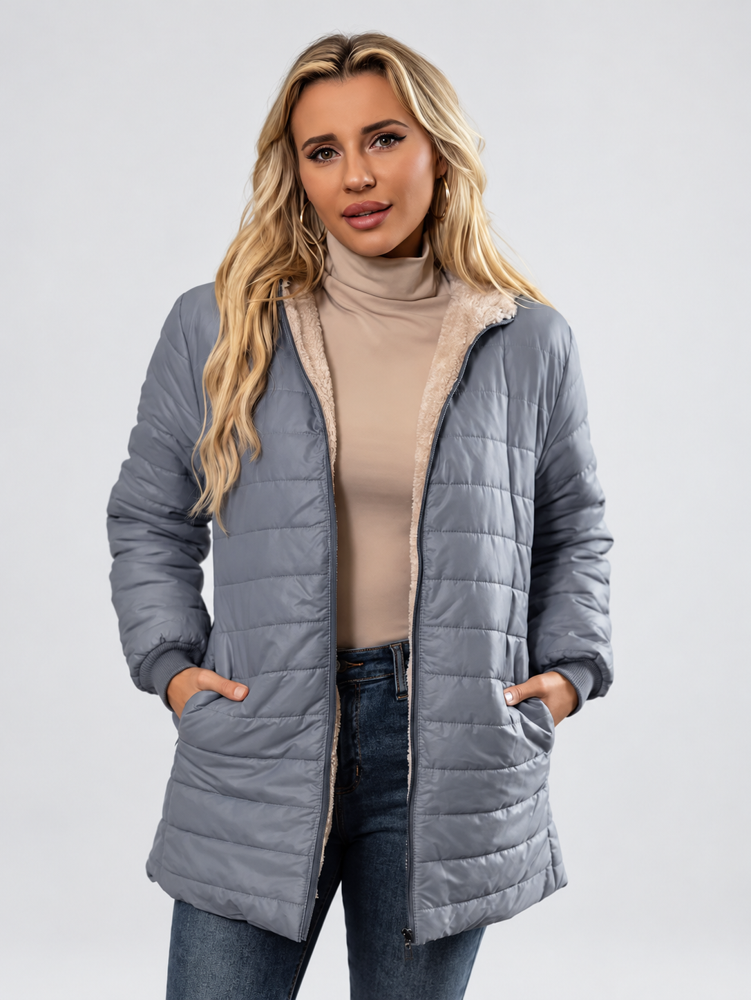 Women's Hooded Longline Quilted Padded Jacket in Light Grey — studio image 4