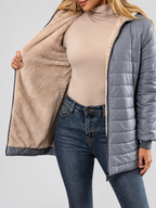 Women's Hooded Longline Quilted Padded Jacket in Light Grey — studio image 5