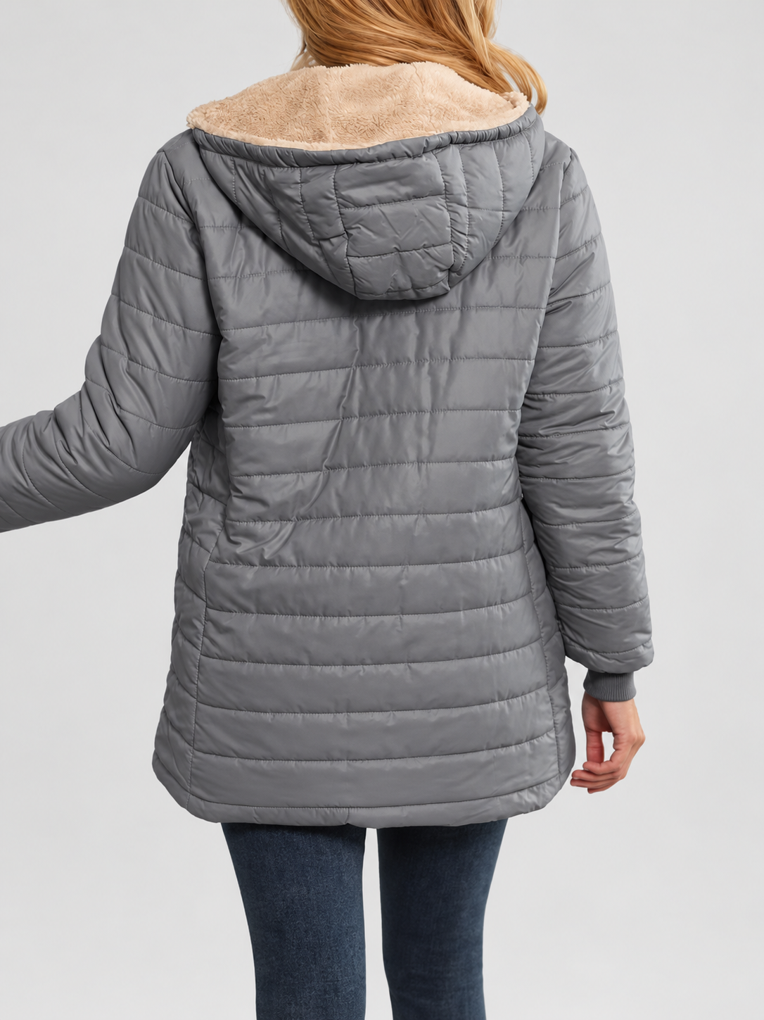 Women's Hooded Longline Quilted Padded Jacket in Light Grey — studio image 6
