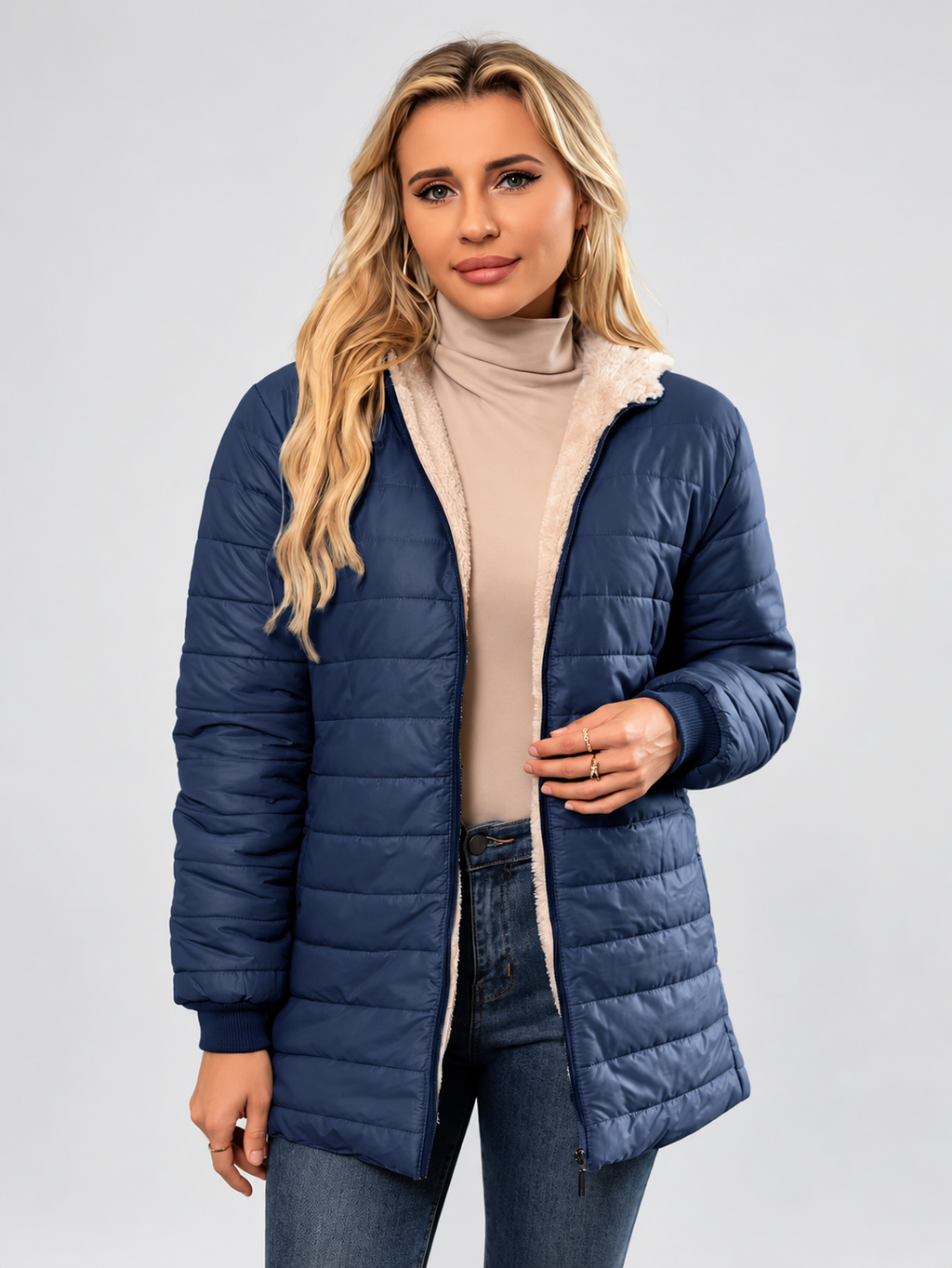 Women's Hooded Longline Quilted Padded Jacket in Navy — studio image 1