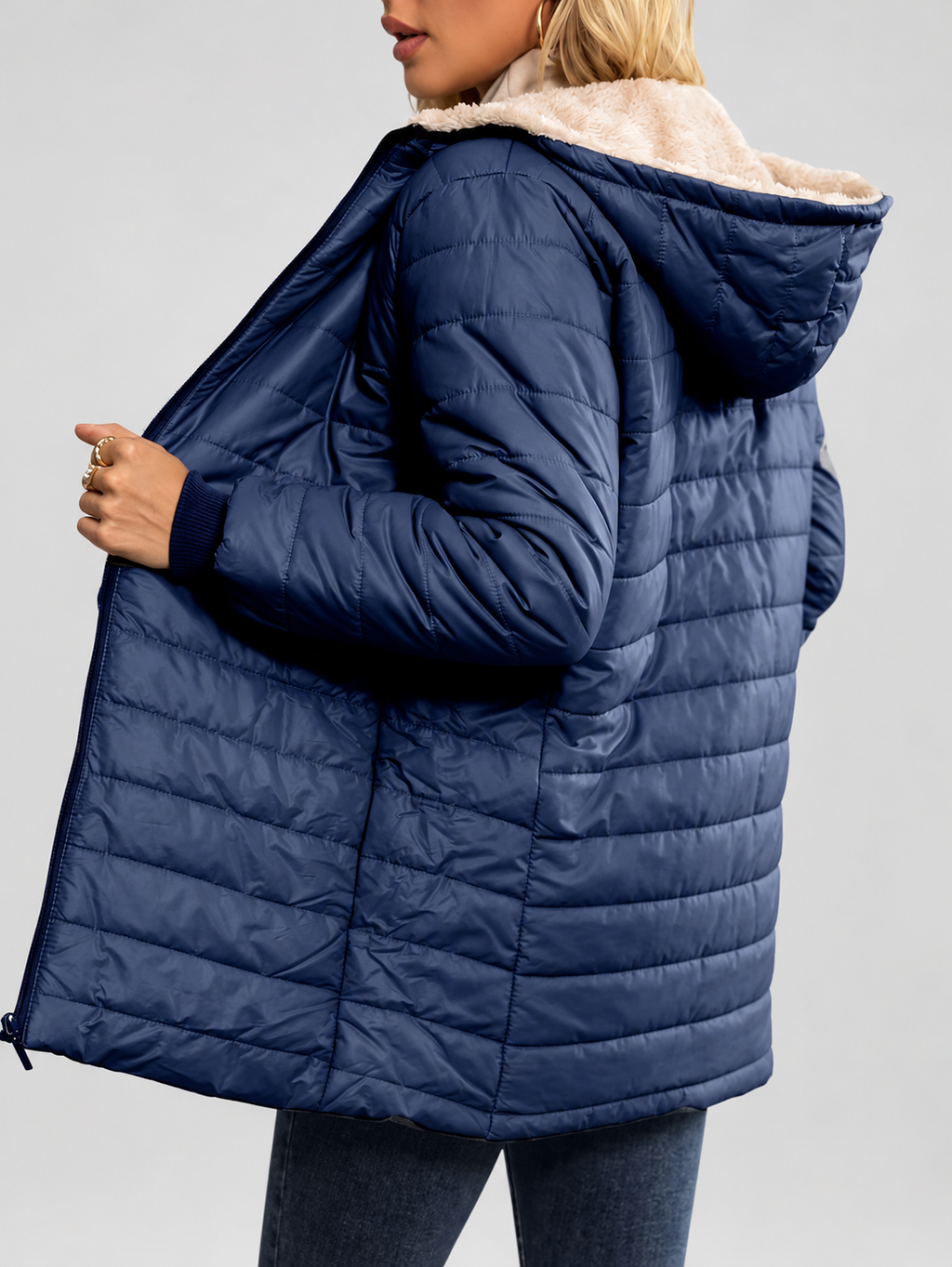 Women's Hooded Longline Quilted Padded Jacket in Navy — studio image 2
