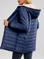 Women's Hooded Longline Quilted Padded Jacket in Navy — studio image 2
