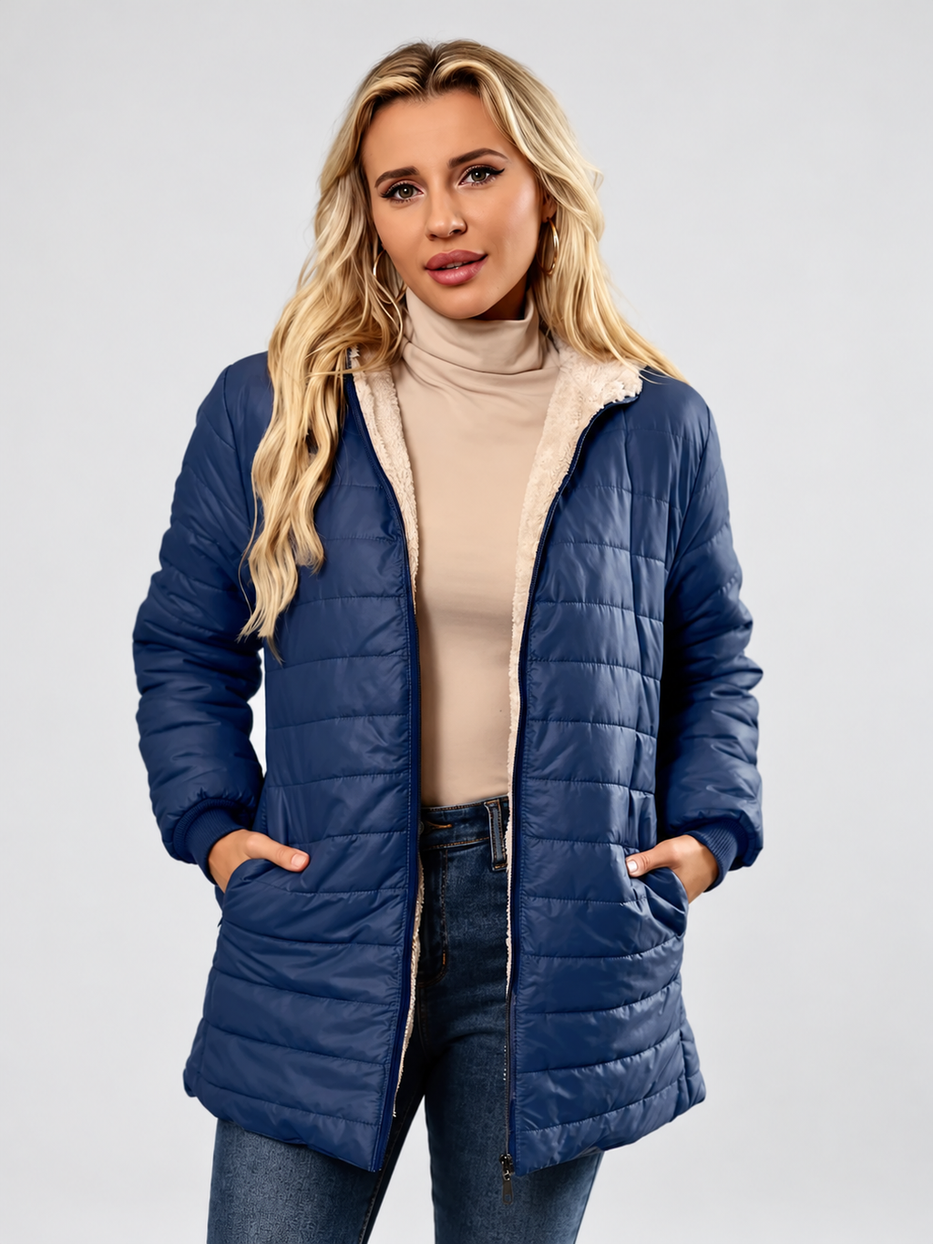 Women's Hooded Longline Quilted Padded Jacket in Navy — studio image 4