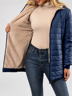 Women's Hooded Longline Quilted Padded Jacket in Navy — studio image 6