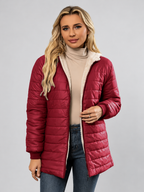Women's Hooded Longline Quilted Padded Jacket in Red — studio image 1