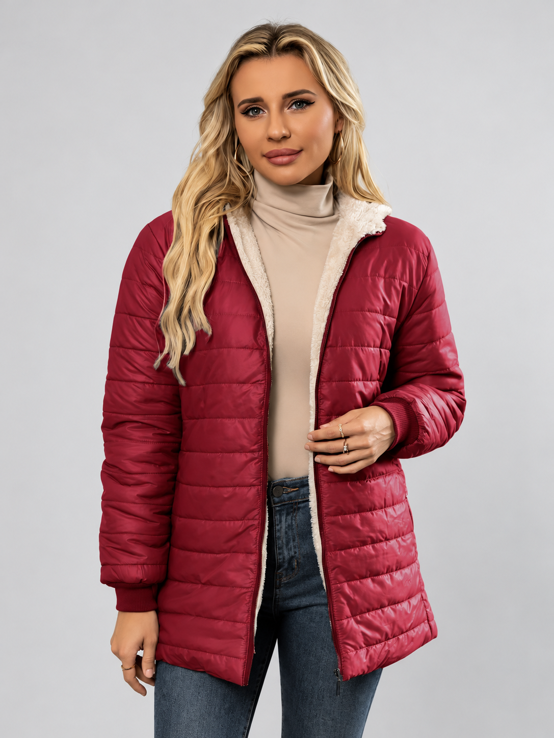 Women's Hooded Longline Quilted Padded Jacket in Red — studio image 1