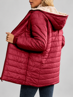 Women's Hooded Longline Quilted Padded Jacket in Red — studio image 2