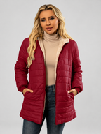 Women's Hooded Longline Quilted Padded Jacket in Red — studio image 4