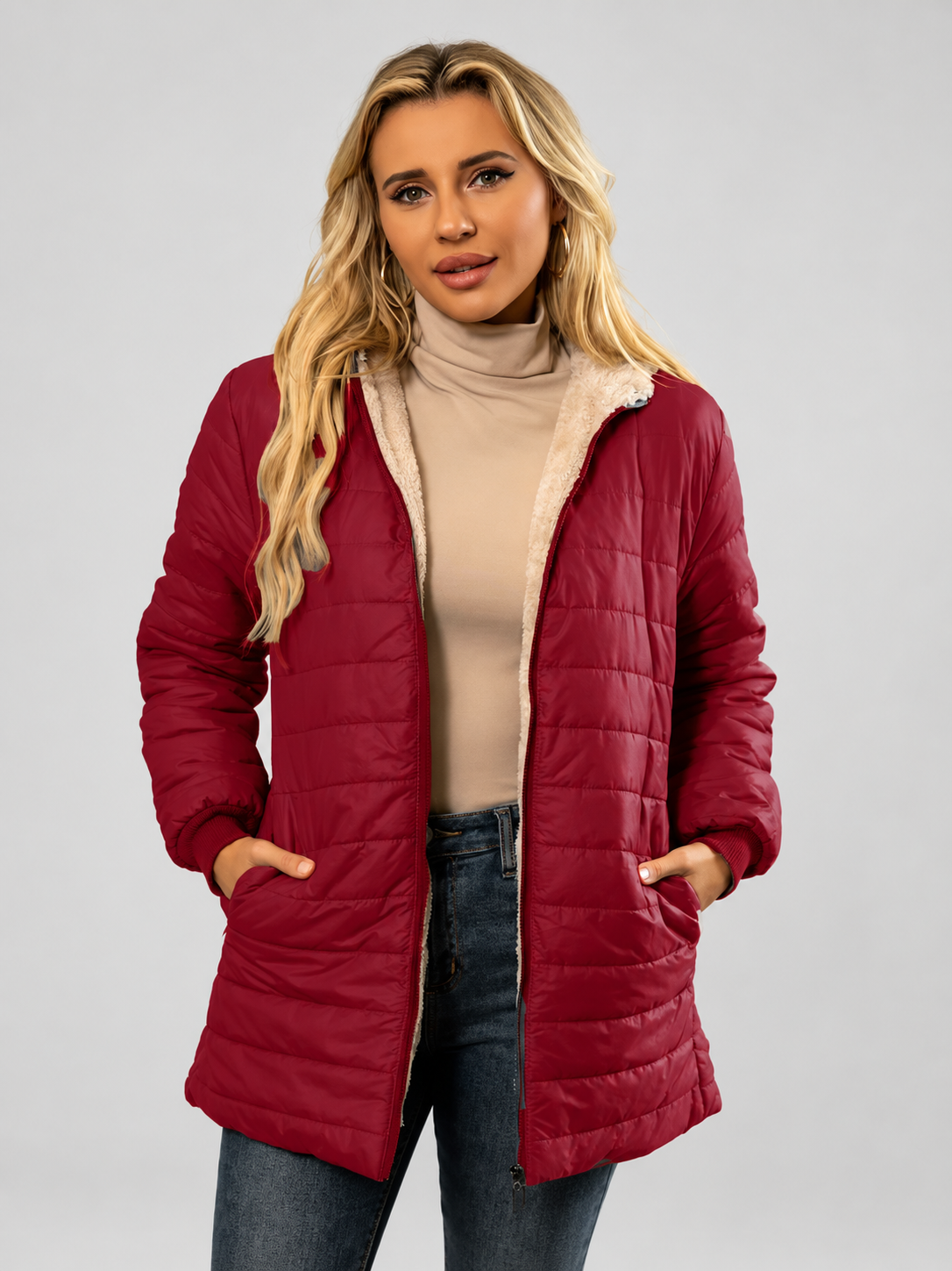 Women's Hooded Longline Quilted Padded Jacket in Red — studio image 4