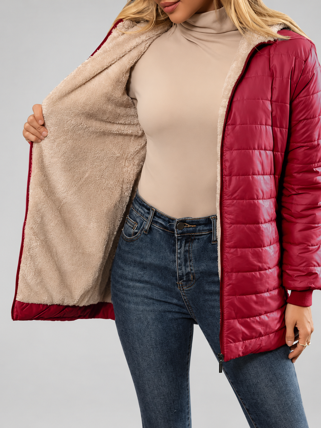 Women's Hooded Longline Quilted Padded Jacket in Red — studio image 6