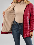 Women's Hooded Longline Quilted Padded Jacket in Red — studio image 6