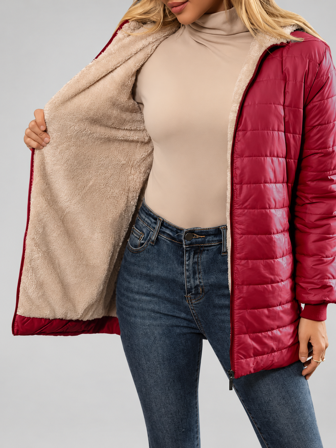 Women's Hooded Longline Quilted Padded Jacket in Red — studio image 6