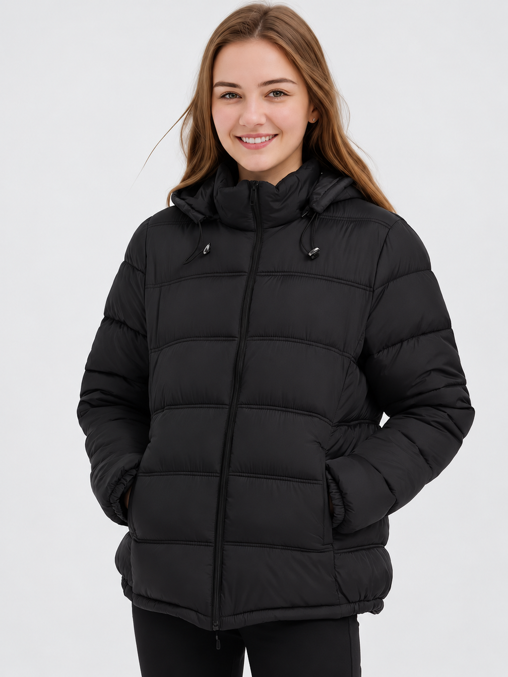 Women's Hooded Padded Puffer Jacket with Stand Collar and Zip Front in Black – photo 1
