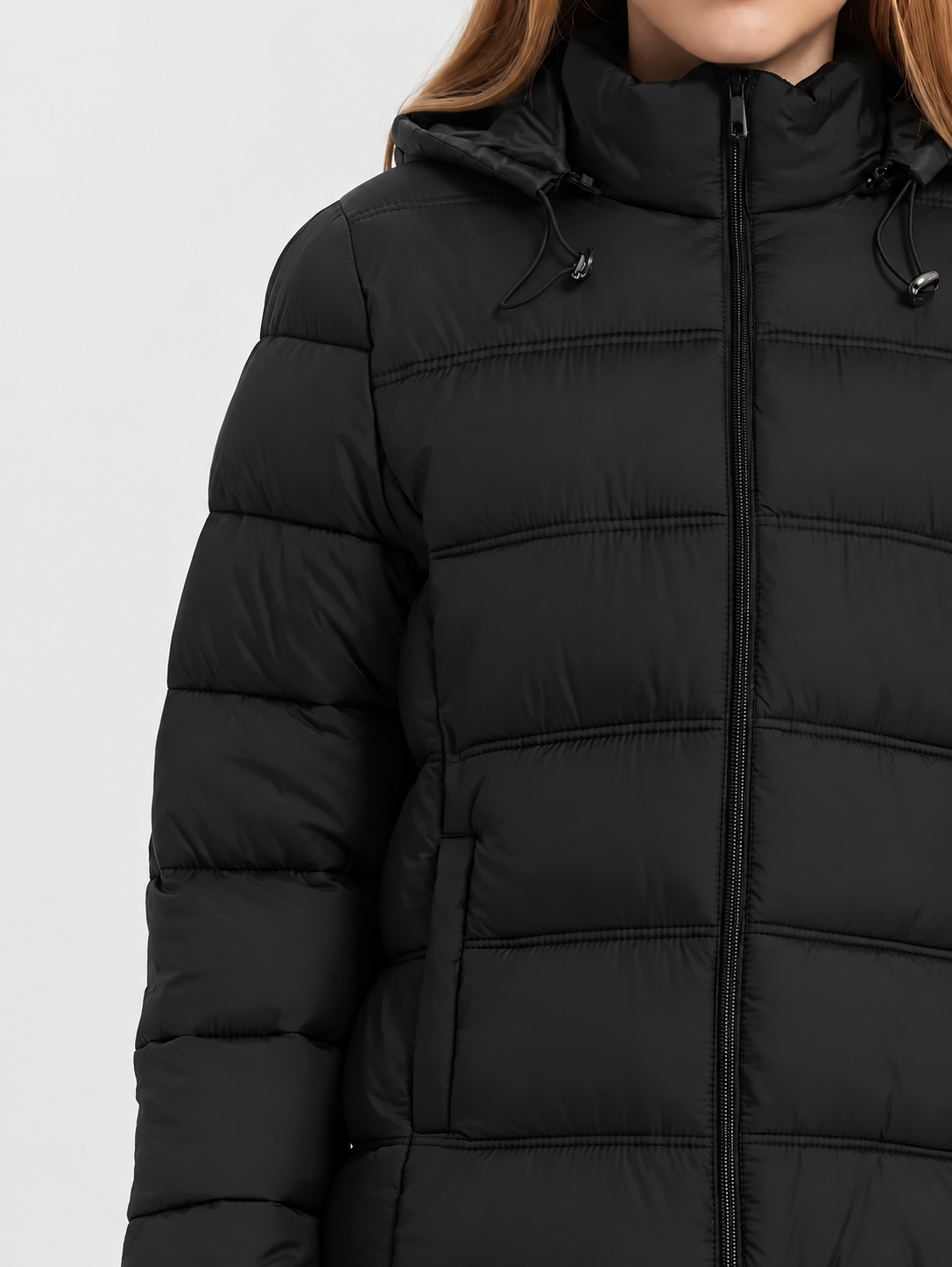 Women's Hooded Padded Puffer Jacket with Stand Collar and Zip Front in Black – photo 2