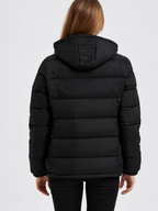 Women's Hooded Padded Puffer Jacket with Stand Collar and Zip Front in Black – photo 3