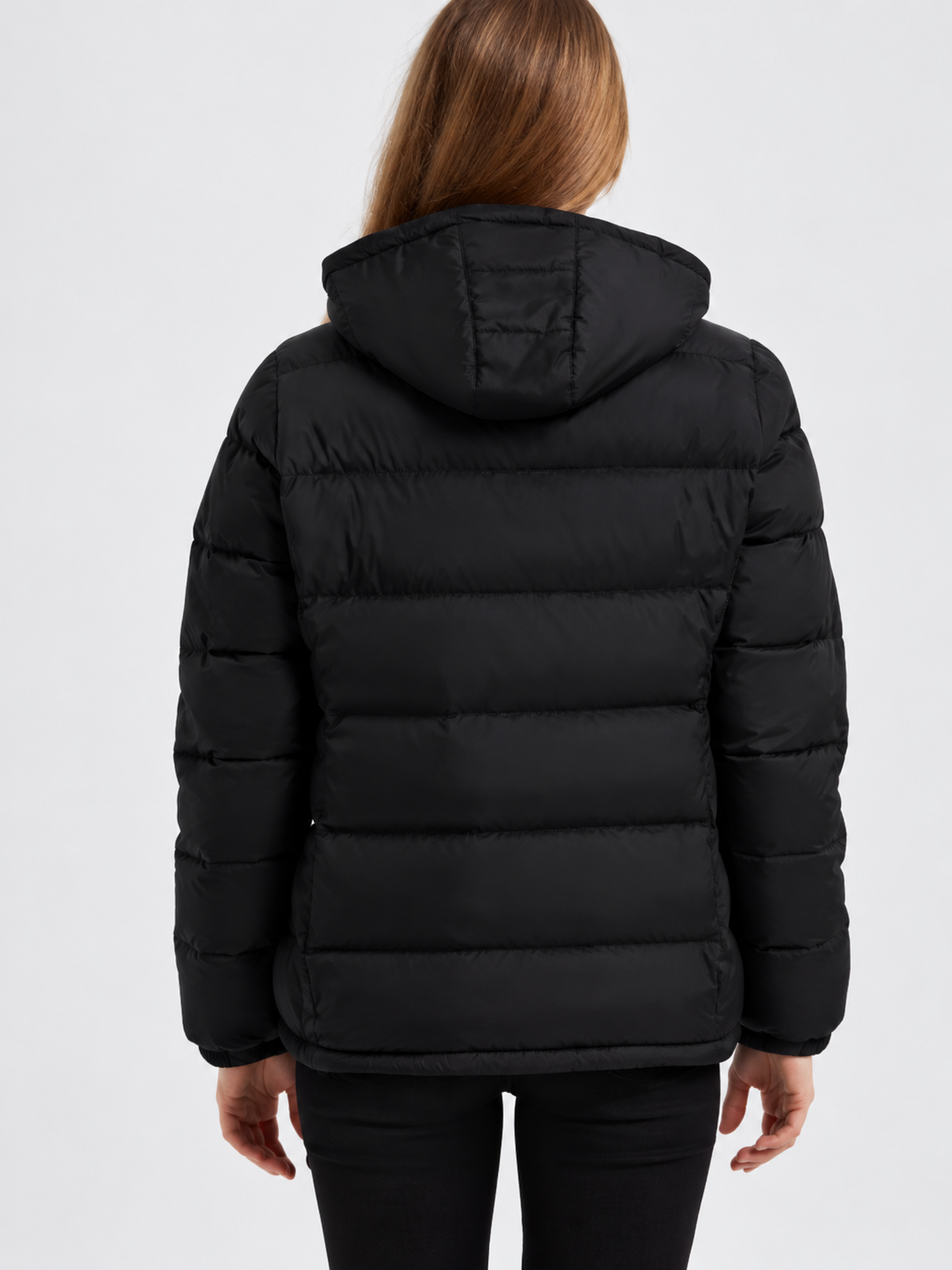 Women's Hooded Padded Puffer Jacket with Stand Collar and Zip Front in Black – photo 3