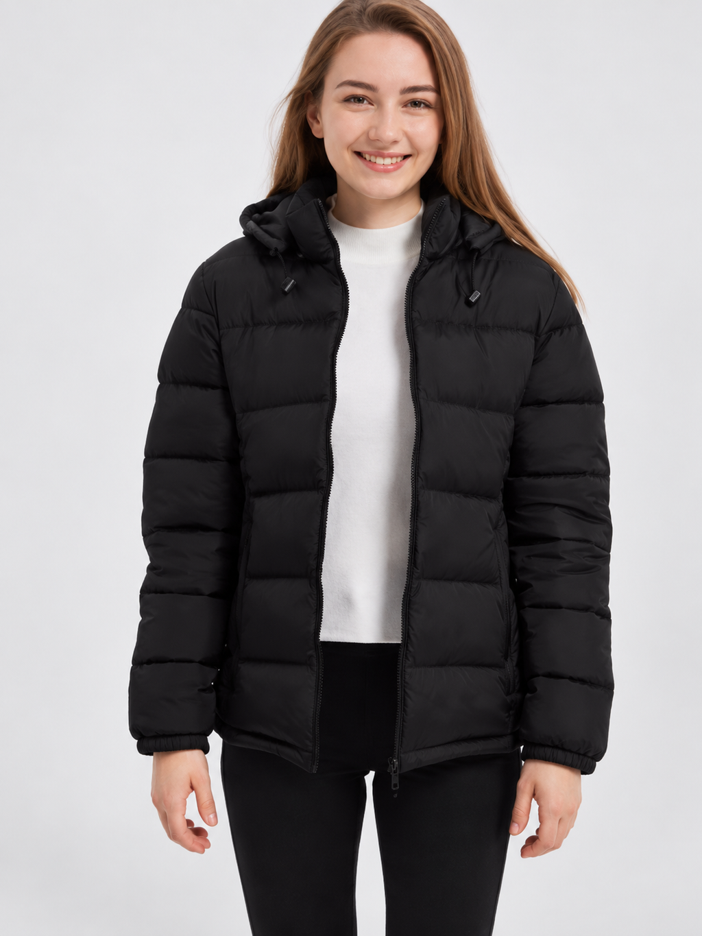 Women's Hooded Padded Puffer Jacket with Stand Collar and Zip Front in Black – photo 4