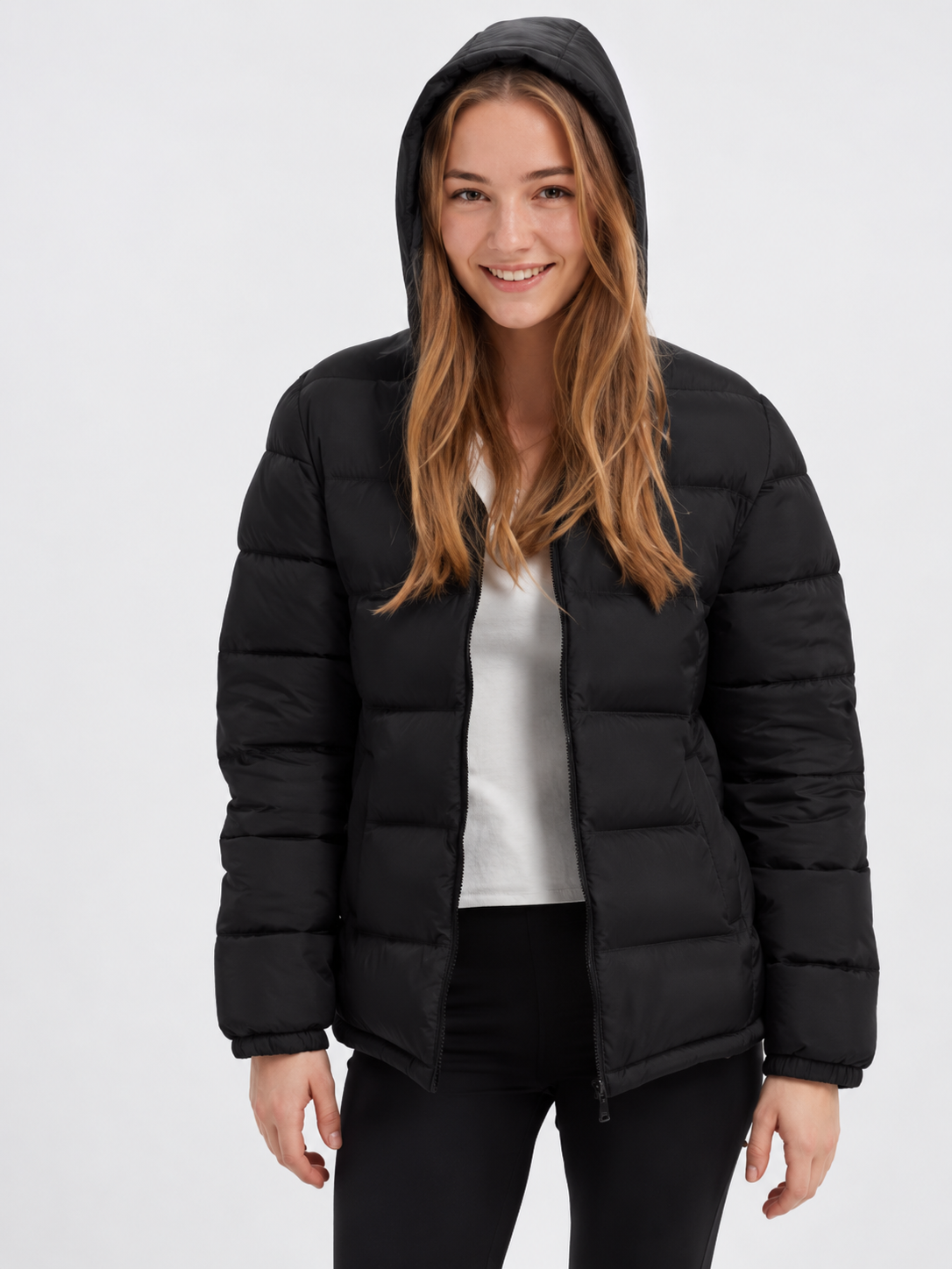 Women's Hooded Padded Puffer Jacket with Stand Collar and Zip Front in Black – photo 5