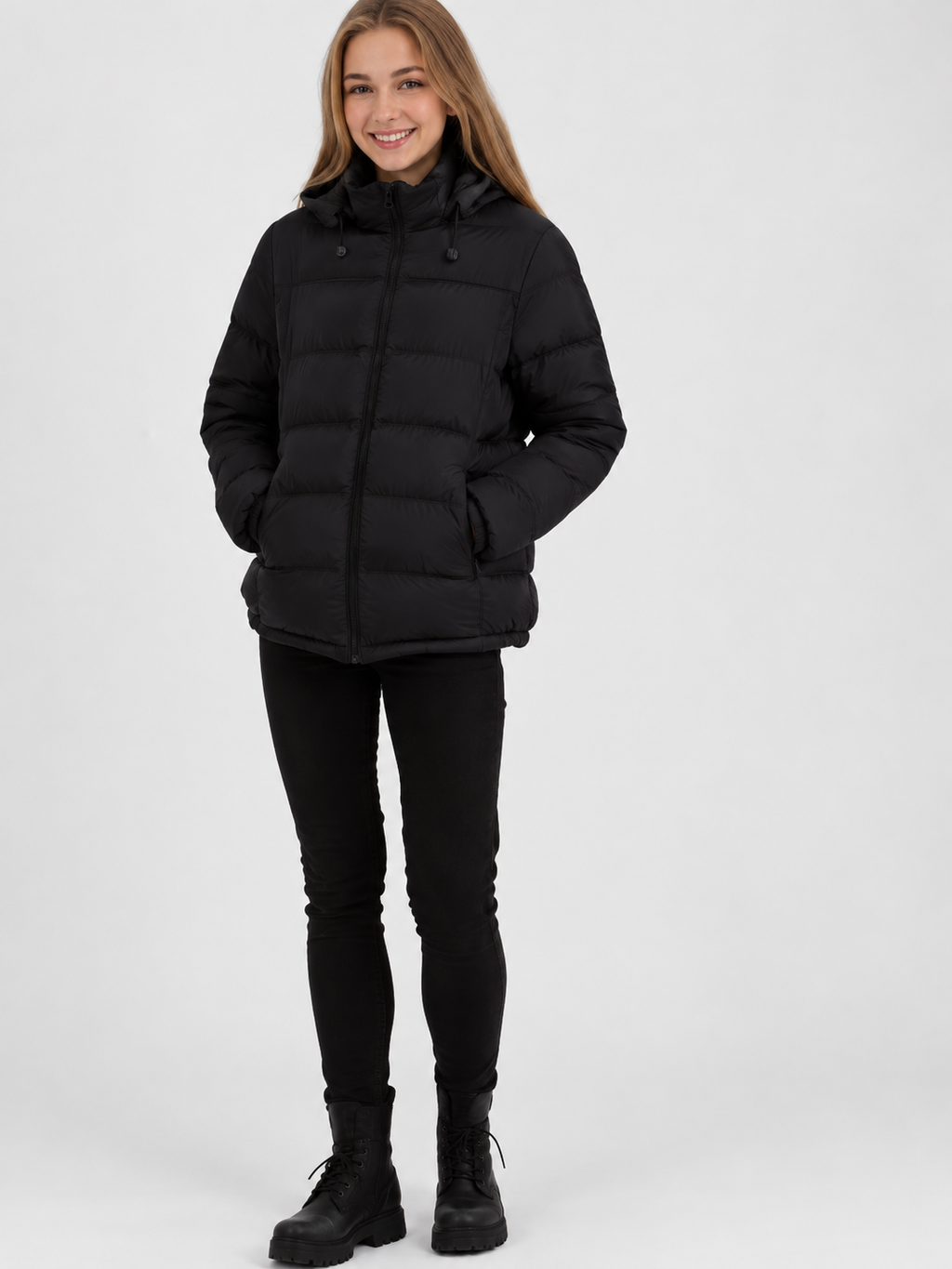 Women's Hooded Padded Puffer Jacket with Stand Collar and Zip Front in Black – photo 6