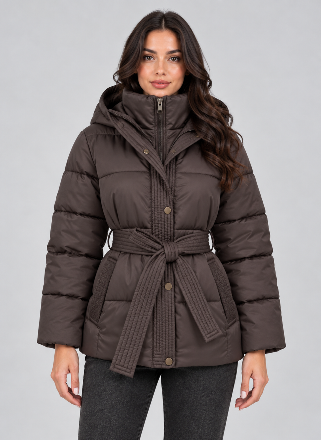 Women's Hooded Padded Puffer Jacket with Belted Waist