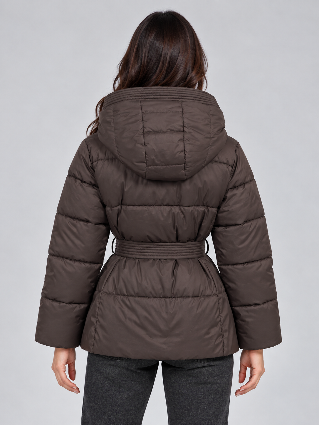 Women's Hooded Padded Puffer Jacket with Belted Waist