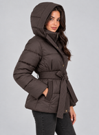 Women's Hooded Padded Puffer Jacket with Belted Waist